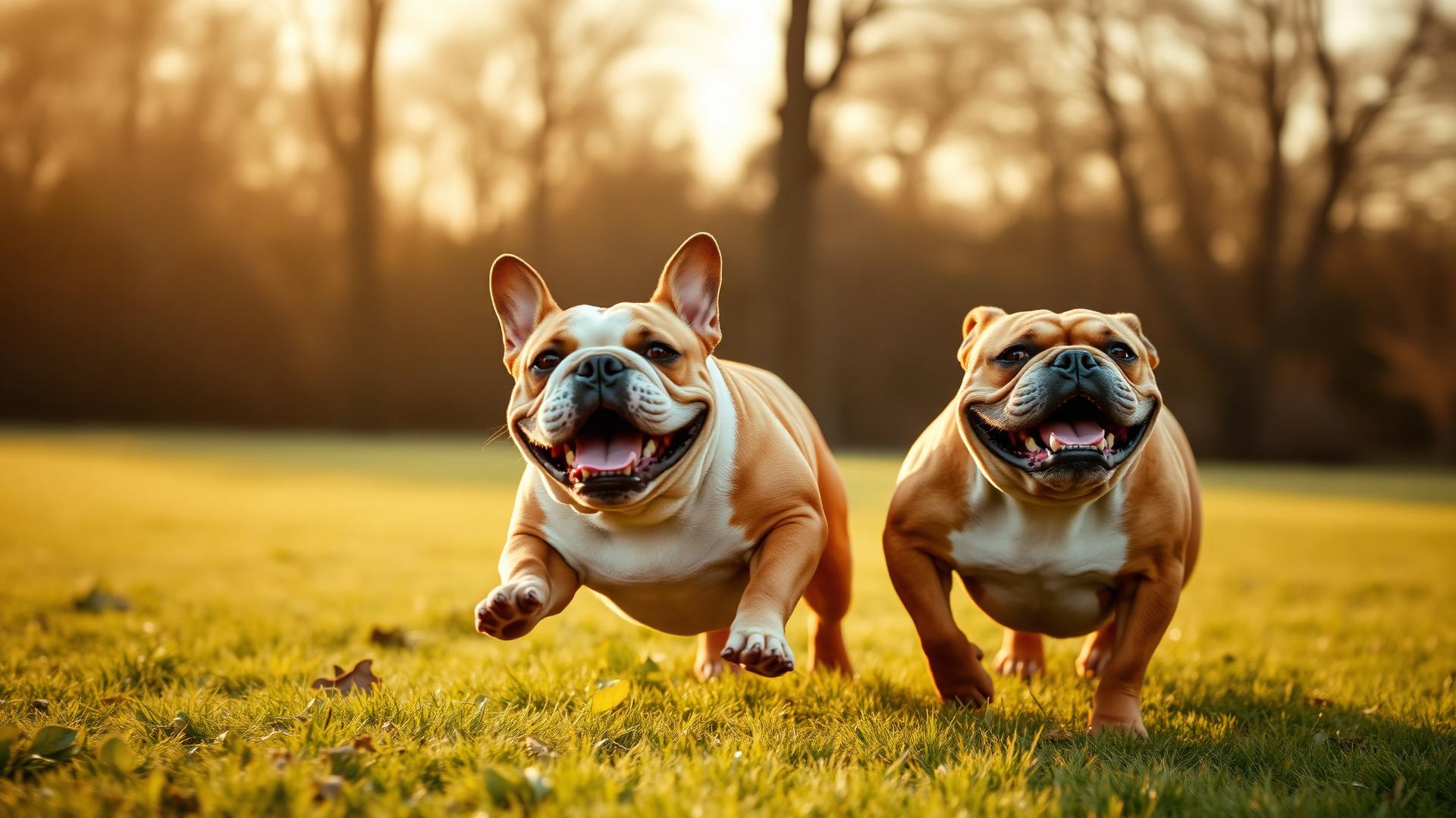 Bulldogs playing in golden hour light