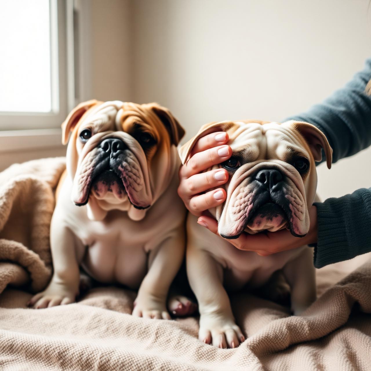 Two British Bulldogs being cared for by their breeder